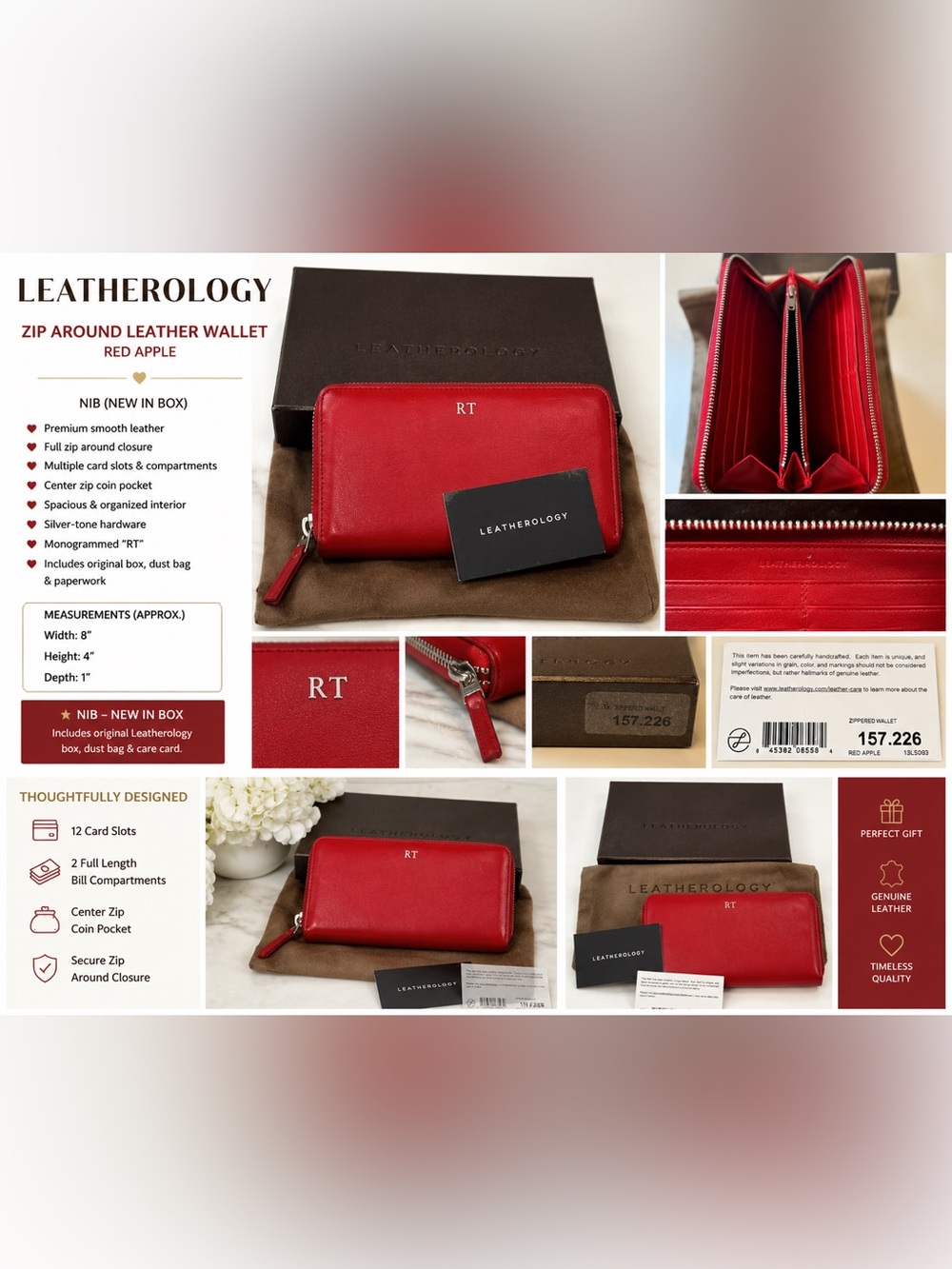 Leatherology Red Apple Zip Around Leather Wallet RT Monogram Zip Wallet Box NIB